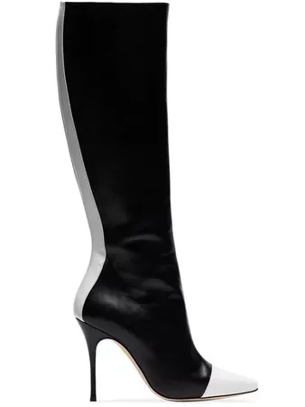 Manolo Blahnik black and white wakia 105 knee high leather boots £573 - Shop Online SS19. Same Day Delivery in London