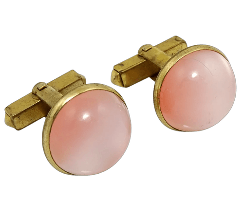 Pink Vintage Cufflinks 1940s Dome Cab Cabochon Round Moonglow