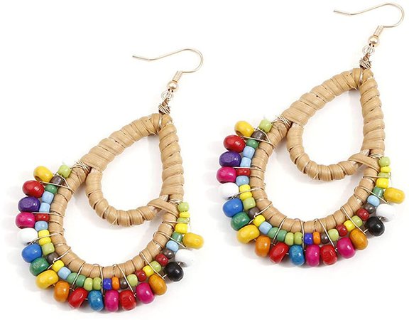 Amazon.com: Bohemian Rattan Colorful Wooden Beads Fish Hook Teardrop Earrings Dangle Drop Jewelry for Women Girls: Clothing