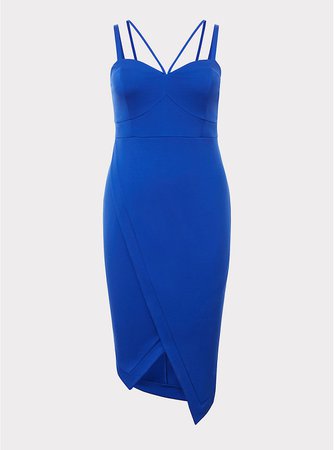 Blue Ponte Asymmetric Strappy Bodycon Dress | Torrid
