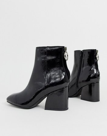 Steve Madden Roxter black patent mid heeled ankle boots with square toe | ASOS