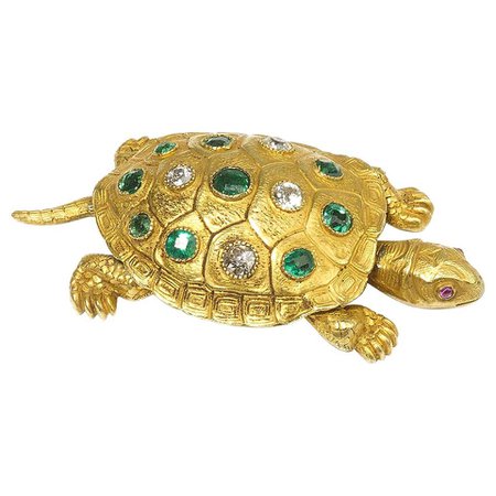 Emerald Diamond Gold Turtle Brooch