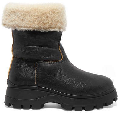 Shearling-lined Cracked-leather Ankle Boots - Black