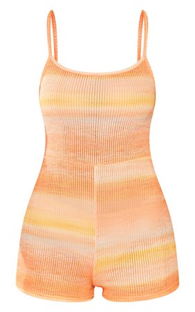 Orange Tie Dye Rib Straight Neck Strappy Romper | PrettyLittleThing USA