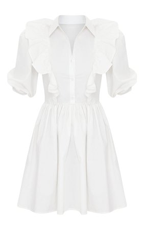 Petite White Ruffle Detail Shirt Dress | PrettyLittleThing
