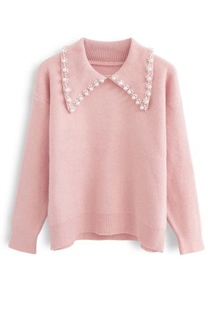 Pearl Trims Collar Soft Touch Knit Sweater in Pink - Retro, Indie and Unique Fashion