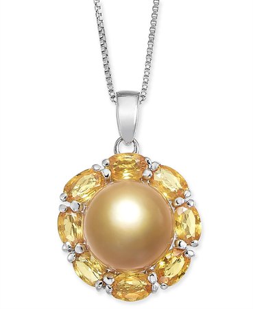 Macy's Sterling Silver Cultured Golden South Sea Pearl & Yellow Sapphire Pendant Necklace