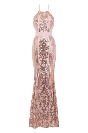 NAZZ COLLECTION AYISHA LUXE ROSE GOLD VICTORIAN SEQUIN ILLUSION EXPOSED MAXI DRESS - Nazz Collection