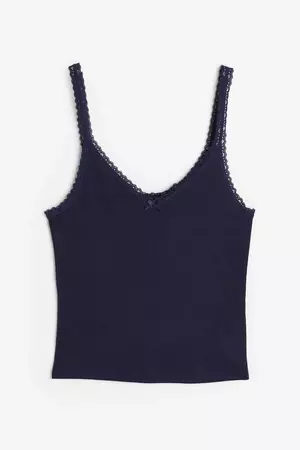 Lace-trimmed Ribbed Tank Top - Navy blue - Ladies | H&M US