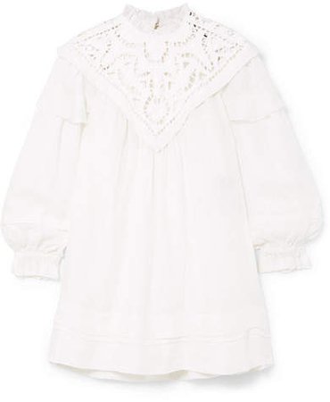 Galia Lattice-trimmed Linen Mini Dress - White