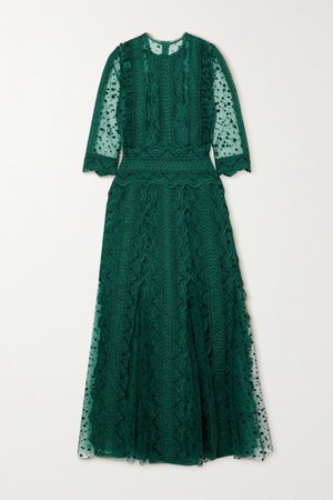 Forest green Cade polka-dot flocked tulle and guipure lace midi dress | Costarellos | NET-A-PORTER