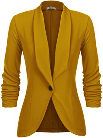 Beyove Women's Casual Work Office Blazer Jacket 3/4 Ruched Sleeve Solid Color Business Suits Clothes Mustard XL at Amazon Women’s Clothing store