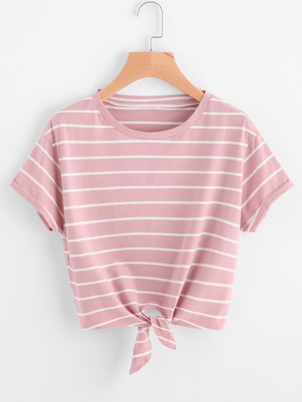 Knot Front Cuffed Sleeve Striped Tee
