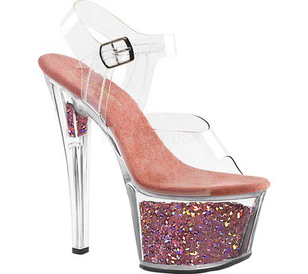 Womens Pleaser Sky 308GF Ankle Strap Sandal - Clear/Lavender Multi Glitter - FREE Shipping & Exchanges