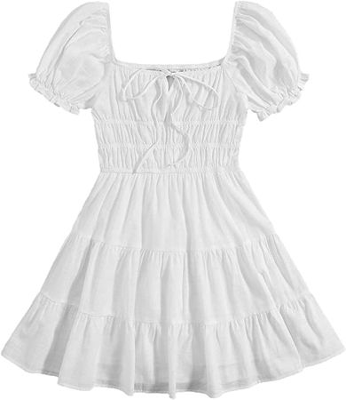 Amazon.com: SheIn Women's Short Puff Sleeve Ruched Mini A Line Dress Ruffle Tie Front Square Neck Short Dresses White Medium : Clothing, Shoes & Jewelry