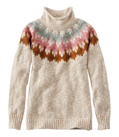 Cotton Ragg Sweater, Funnelneck Pullover Fair Isle