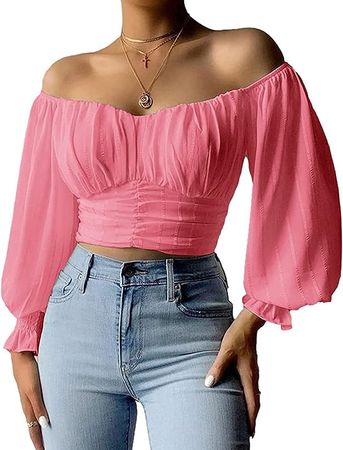 MIRACMODA Womens Elegant Off The Shoulder Puff Sleeve Blouse Summer Chiffon Slim Fit Party Crop Top at Amazon Women’s Clothing store