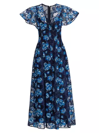 Shop Lela Rose Embroidered Tulle V-Neck Midi-Dress | Saks Fifth Avenue