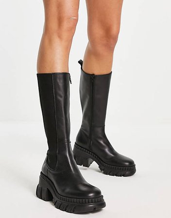 ASOS DESIGN Capricorn premium leather chunky chelsea knee boots in black | ASOS