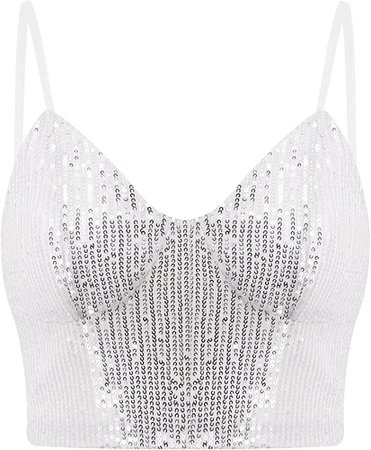 Amazon.com: Vimoisa Women Shiny Sequin Vest Tank Top Spaghetti Strap Crop Top Sleeveless Tube Top(White S): Clothing, Shoes & Jewelry
