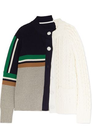 Sacai | Paneled cable-knit cotton-blend cardigan | NET-A-PORTER.COM