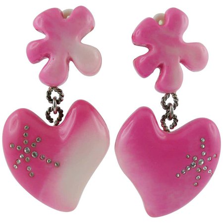 Christian Lacroix Vintage Candy Pink Heart Dangling Earrings For Sale at 1stdibs