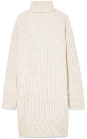Oversized Ribbed-knit Turtleneck Mini Dress - Ecru