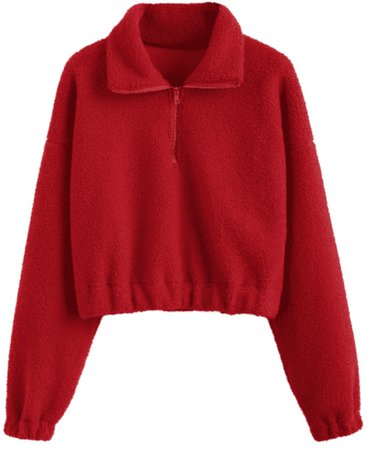 Zaful zip plain faux fur sweatshirt red