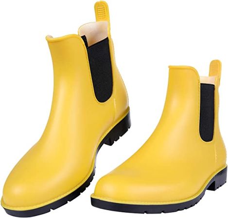 Amazon.com | Women's Short Rain Boots Waterproof Black Elastic Slip On Ankle Booties, 8.5, Yellow | Rain Footwear