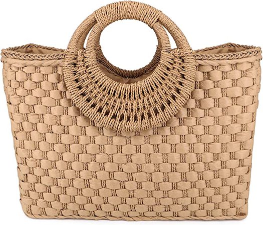 Amazon.com: QTKJ Women Summer Retro Straw Bag with Zip Hand-woven Beach Handbag Top Round Handle Boho Tote Bag Shopping and Travel Large Bag (Khaki) : Clothing, Shoes & Jewelry