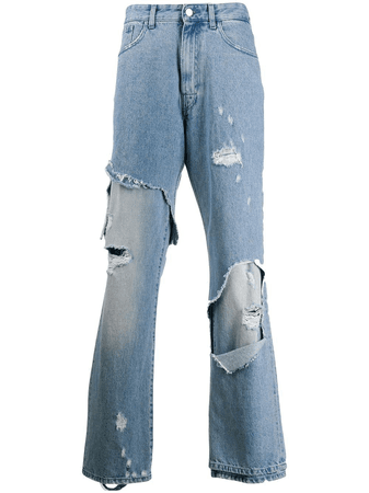 Raf Simons Men's Blue Distressed Loose Fit Denim Jeans