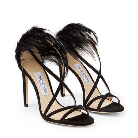 Black Suede Stiletto Sandals with Feather Trim | BELISSA 100| Cruise 2019 | JIMMY CHOO