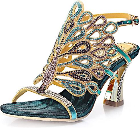 Amazon.com | Unicrystal Women's Rhinestone Peacock Patterned Handmade Sandals with Chunky Heel Blue 9.5 M US | Heeled Sandals