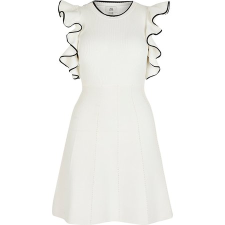 Petite white cold shoulder frill sleeve dress | River Island