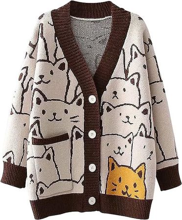 Gihuo Women Cat Cardigan Sweater Knit Cute Cartoon Oversized V Neck Long Sleeve Cardigan at Amazon Women’s Clothing store