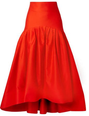 Brush Tiered Pleated Cotton-poplin Midi Skirt - Tomato red