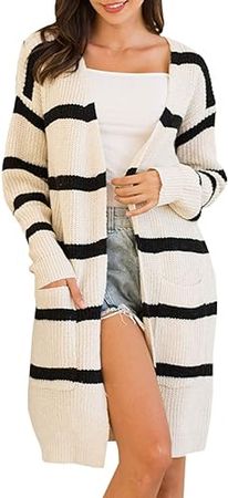 SEMATOMALA Women's Open Front Stripe Cardigan Sweater Long Sleeve Casual Lightweight Oversized Baggy Knitted Outwear at Amazon Women’s Clothing store