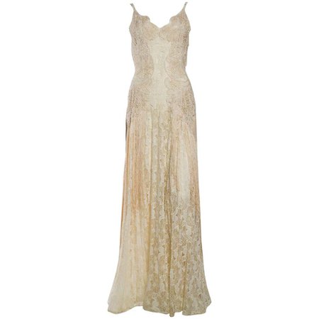 1930s Sheer Silk Lace Gown with Victorian Lace Fringe For Sale at 1stdibs