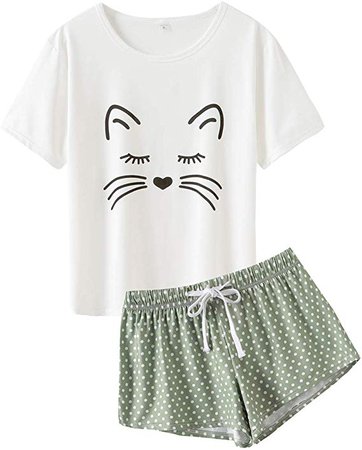 VENTELAN Pajamas for Women 2 Piece Cute Cat Sleepwear Pajama Sleep Set at Amazon Women’s Clothing store