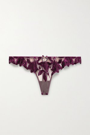 Plum Lily satin-trimmed embroidered stretch-tulle thong | Fleur du Mal | NET-A-PORTER