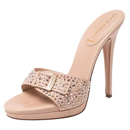 *clipped by @luci-her* Casadei Nude Beige Studded Leather Buckle Sandals Size 37 For Sale at 1stDibs