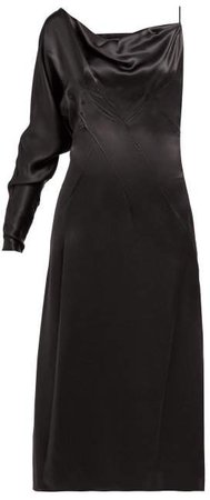 One Shoulder Side Slit Silk Slip Dress - Womens - Black