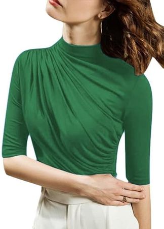 Avanova Women's Mock Neck Half Sleeve Slim Fit T-Shirts Ruched Dressy Tops Casual Summer Tee at Amazon Women’s Clothing store