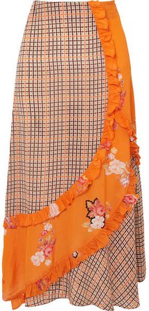 Nevah Ruffled Paneled Printed Checked Crepe De Chine Skirt - Orange