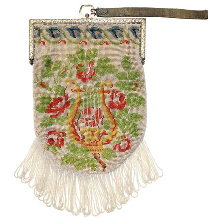 1920's Beaded Floral Wristlet Bag w/ Fringe For Sale at 1stdibs