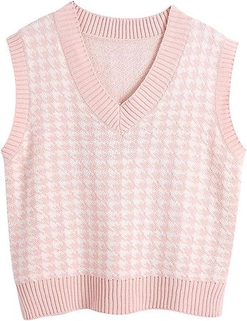 SAFRISIOR Oversized Houndstooth Knitted Vest Sweater Vintage V Neck Loose Sleeveless Sweater Pink at Amazon Women’s Clothing store