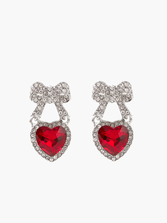 silver bow and red heart earrings