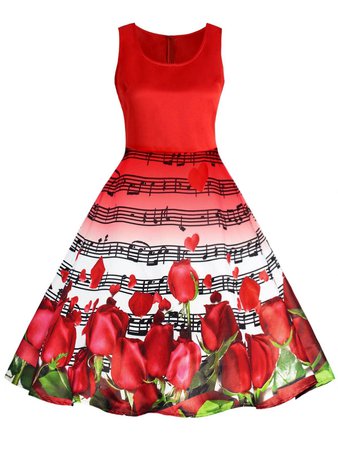 Valentines Day Musical Notes Roses Print Flared Dress