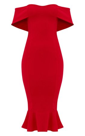Red Bardot Frill Hem Midi Dress. Dresses | PrettyLittleThing USA