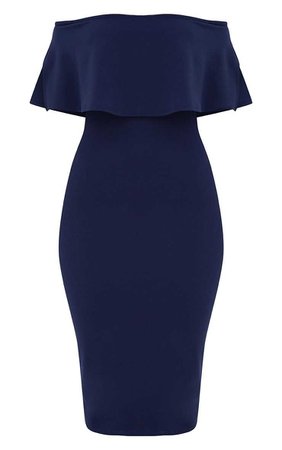 Navy Bardot Frill Midi Dress | PrettyLittleThing
